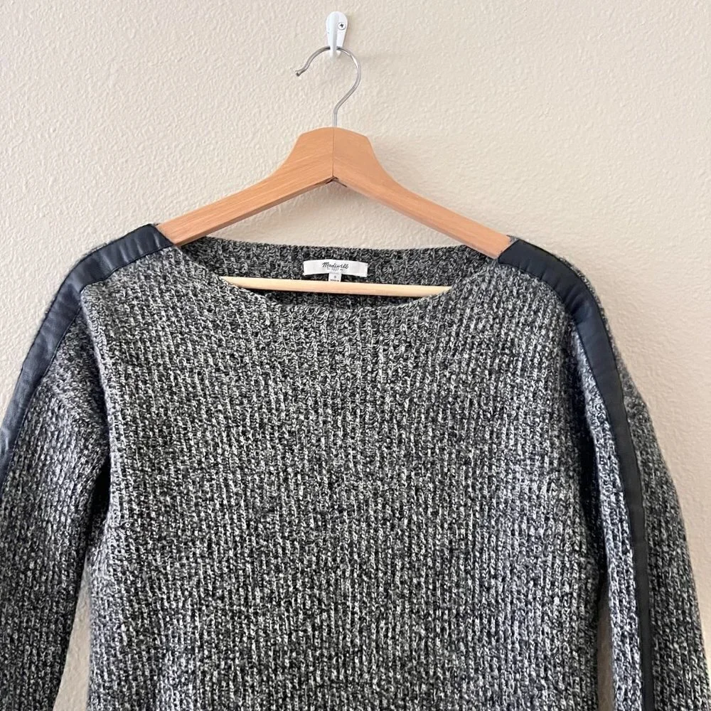 Madewell Merino Wool Marled Gray Leather Trim Ribbed Boatneck Sweater S‌‌‌‌‌‌‌‌
